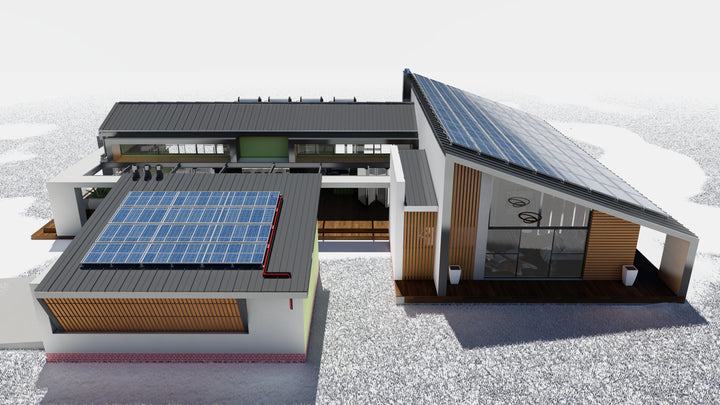 top view of an  Eco-friendly house that has solar panels on the roof