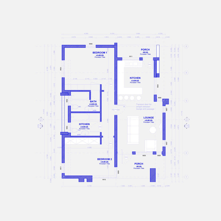 Solid blue floor plan of a complete 2 bedroom house  with a porch