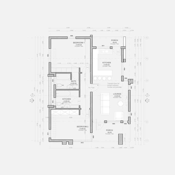 Gray-Black floor plan of a complete two bedroom house with a porch
