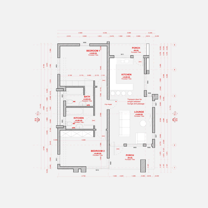 Gray-Black-Red floor plan of a complete two bedroom house with a porch