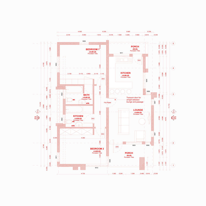 Solid Red floor plan of a complete two bedroom house with a porch