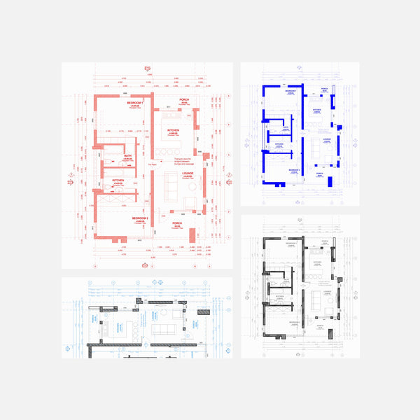 Four (4) various colored 2D ArchiCAD floor plans. Solid red,solid blue, gray-cyan and gray-black floor plans