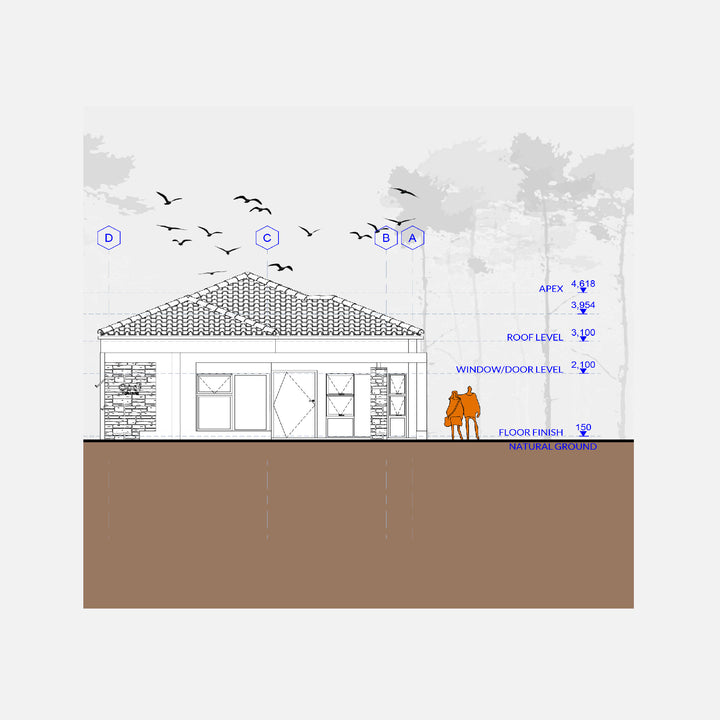 Orange 2D human figure objects next to a house model