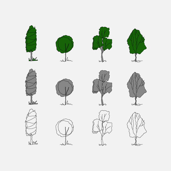 ArchiCAD 2D ELEVATION Tree Styles Object (Green+gray+contours)