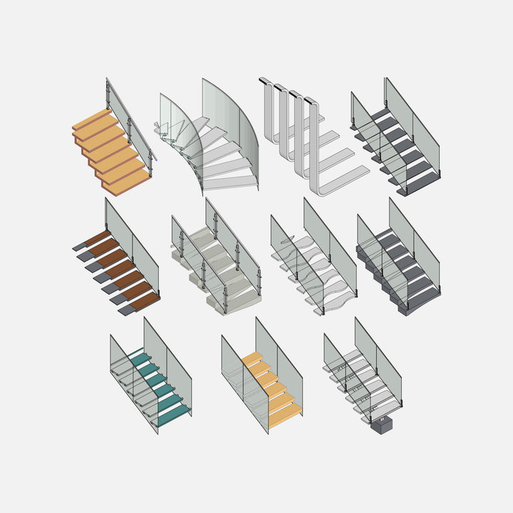 A collection of modern staircases with glass railing (different colored stairs)