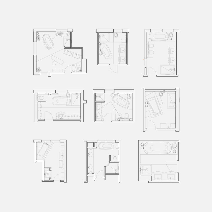 Six (6) different contour ArchiCAD bathroom layouts