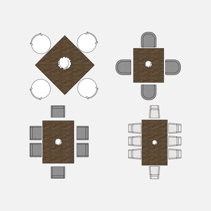 Four various dining layouts including diamond, square and rectangle dining layouts