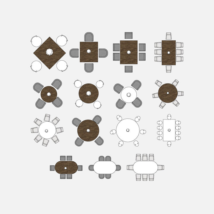 Fifteen (15)various  dining layouts, including diamond, square, rectangular, circular and capsule layouts