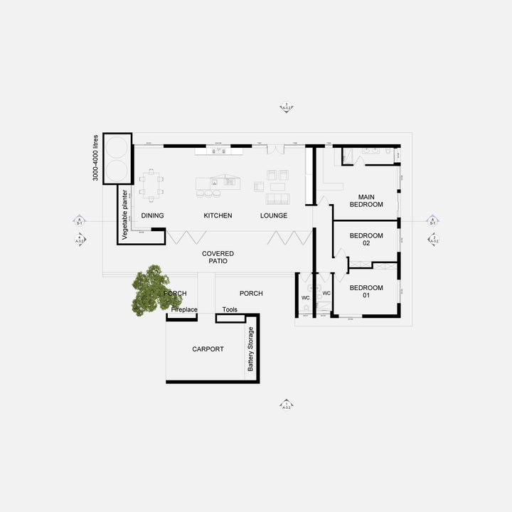 Eco friendly house floor plan with a tree