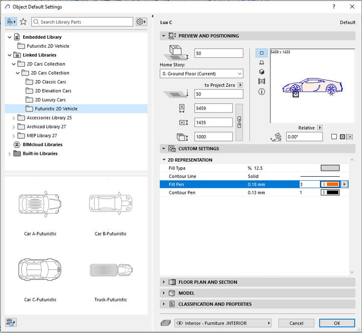 Screenshot of a 2D Futuristic car inside ArchiCAD