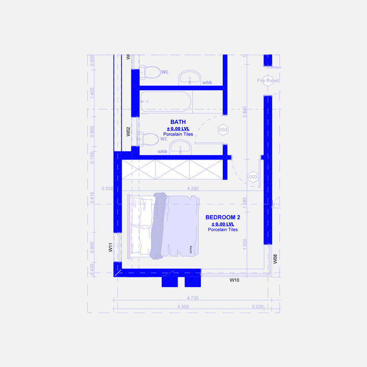 Solid blue floor plan graphic of bedroom and bathroom