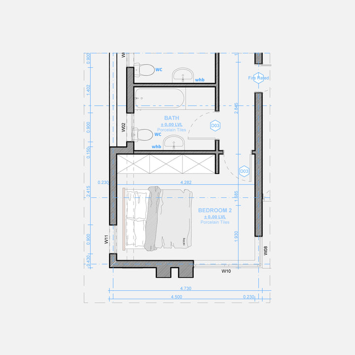 Cyan-gray floor plan of bathroom and bedroom