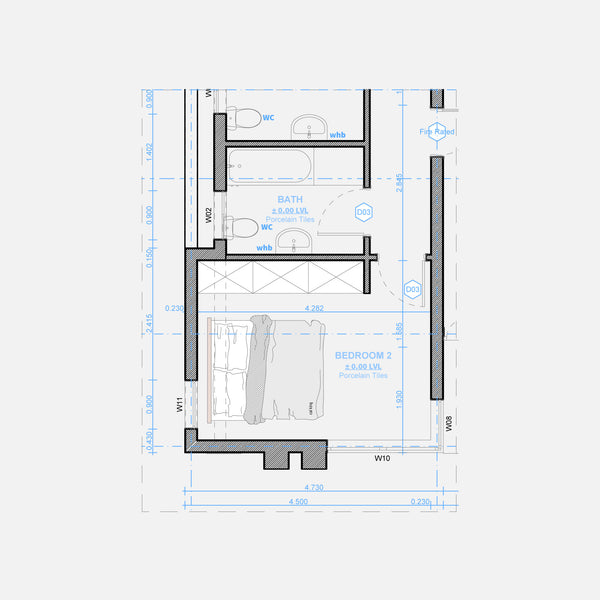 Gray-Cyan-Gray bathroom and bedroom floor plan