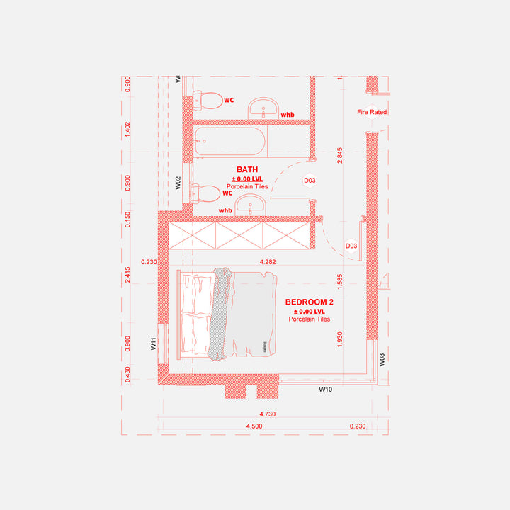 Solid red bathroom and bedroom floor plan