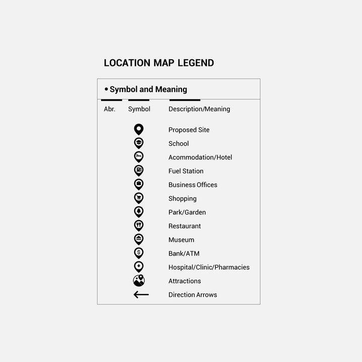 Black location map legend with location symbols and descriptions