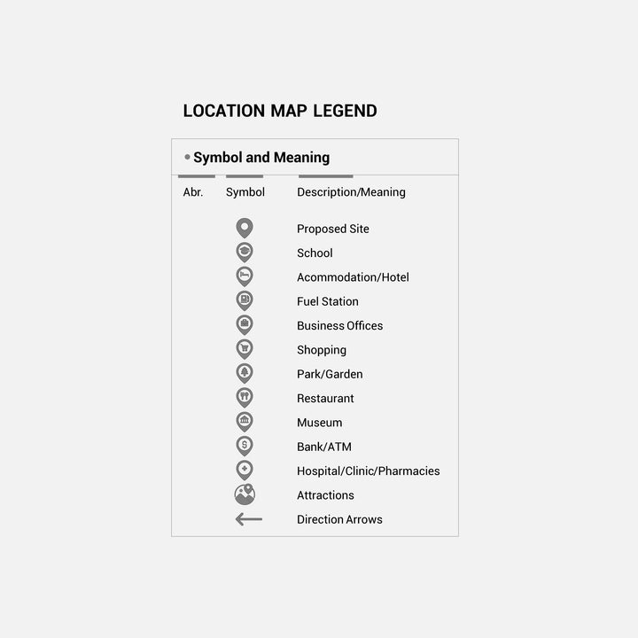 Gray location map legend with location symbols and descriptions