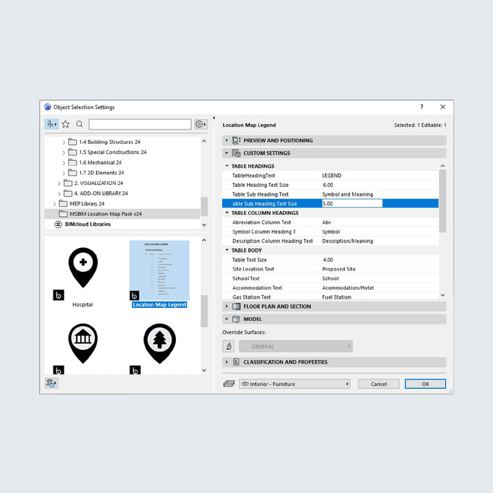 Computer screenshot of location map objects inside ArchiCAD