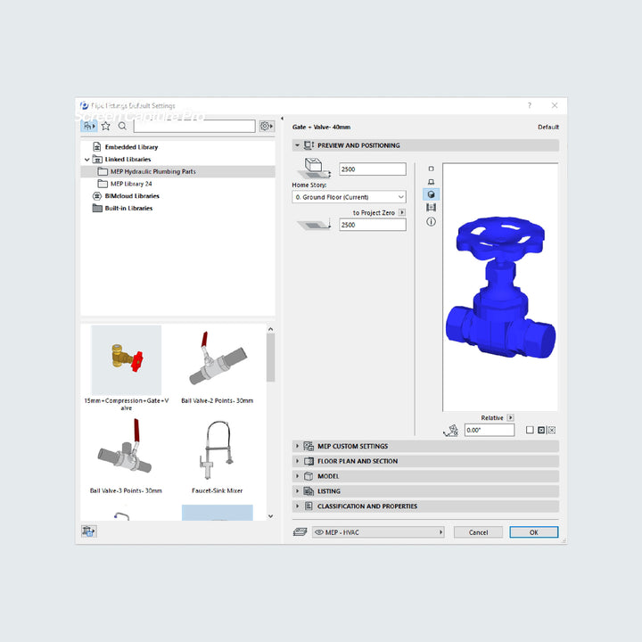 Computer screenshot of of the MEP plumbing components files inside ArchiCAD