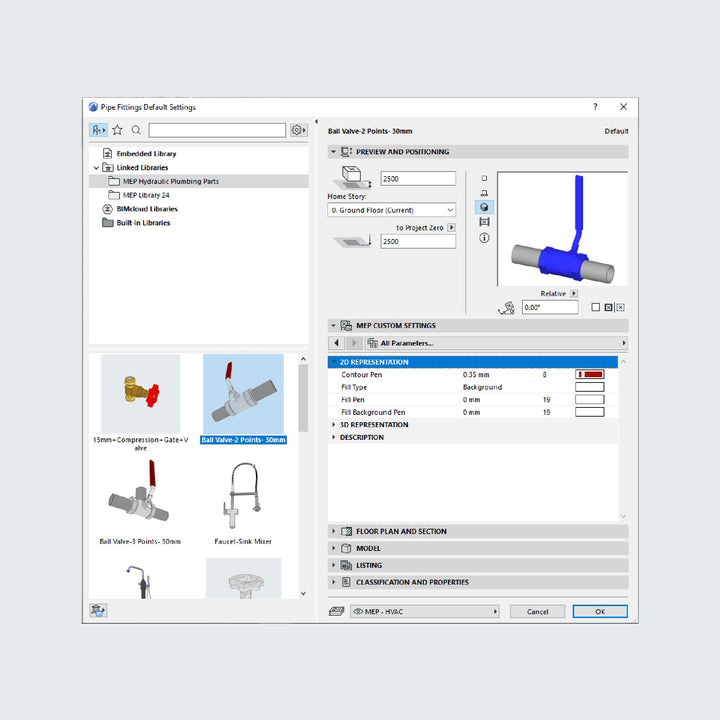 Computer screenshot of of the MEP plumbing components files inside ArchiCAD