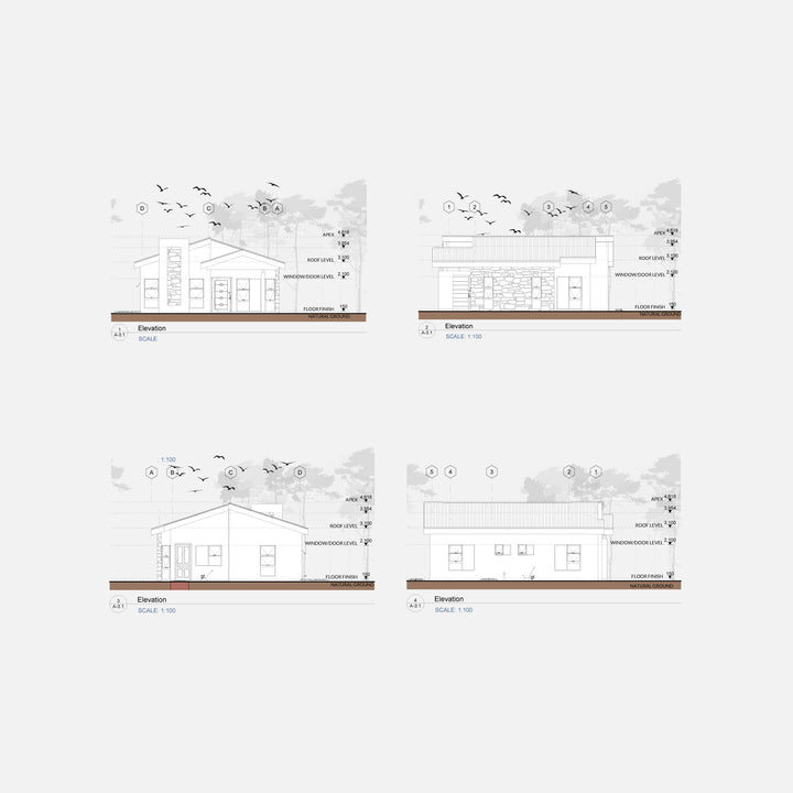 Residential Two Bedroom Model + Drawings Set(front, back and side view elevations)