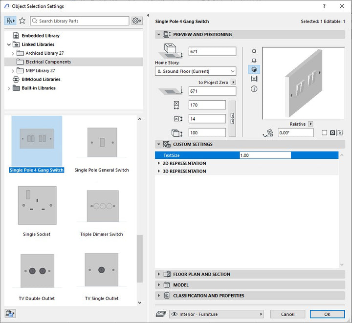 Screenshot of the electrical components pack inside ARCHICAD