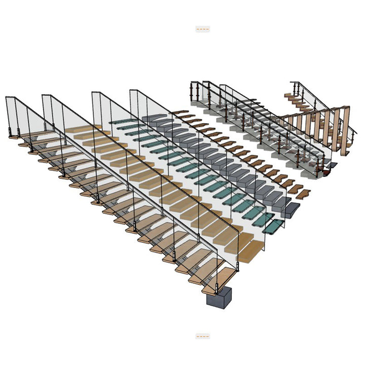 A collection of nine (9) modern staircases (brown, beige, green ,gray)