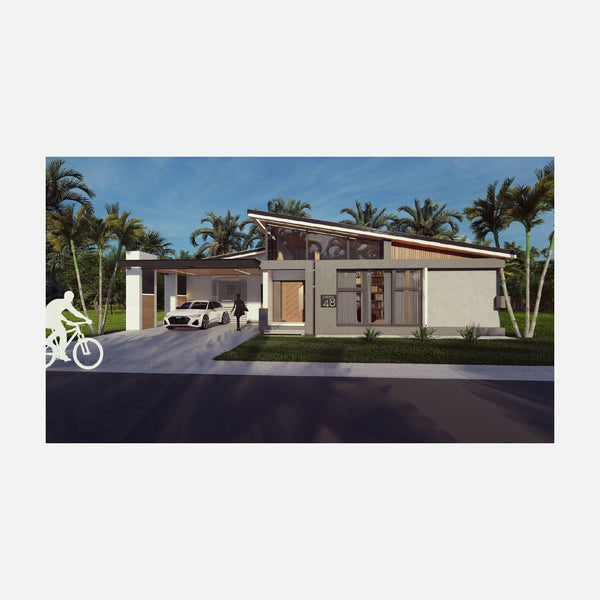 Modern three bedroom house with a car outside