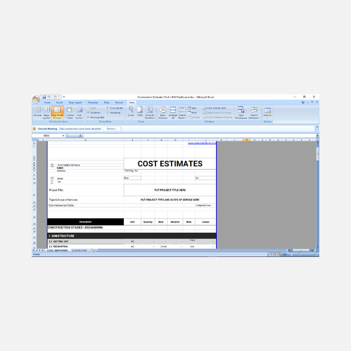 Project Cost Estimator excel computer screenshot